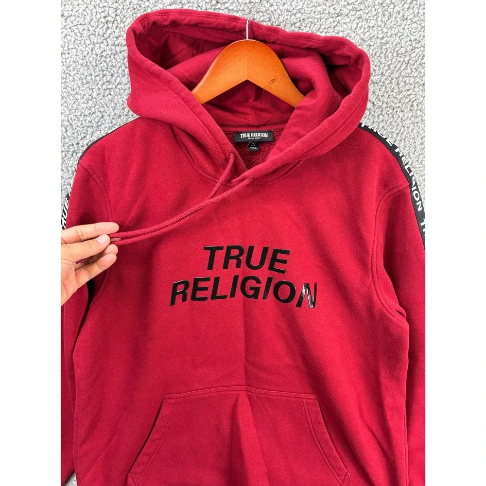 True Religion Silicone Tape Pullover Hoodie Sweatshirt Mens L Red Streetwear Y2K